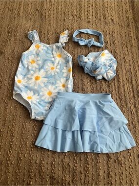 Light Blue Daisy Ruffle Swim Set for Kids - 4-Piece